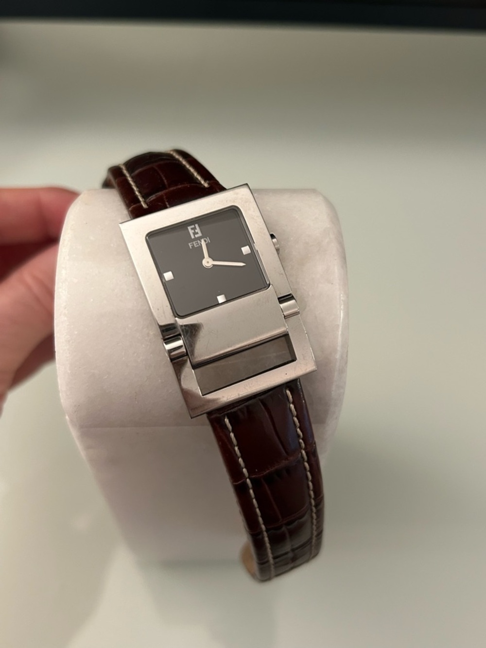 Fendi Silver Women’s Watch with Brown Leather Strap